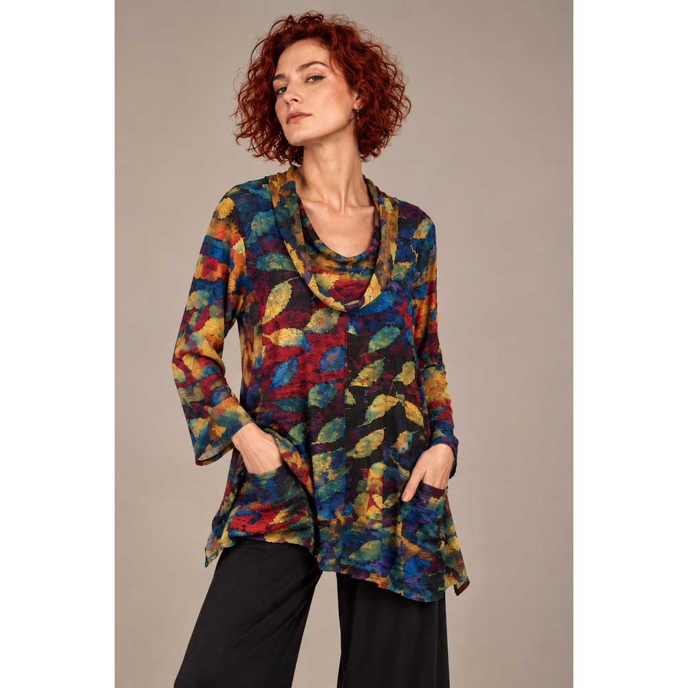 NorthStyle L Multicolor Leaf Print Cowl Neck Tunic Top Pockets